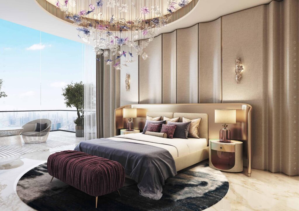 Bedroom with skyline views in Altitude de GRISOGONO Dubai
