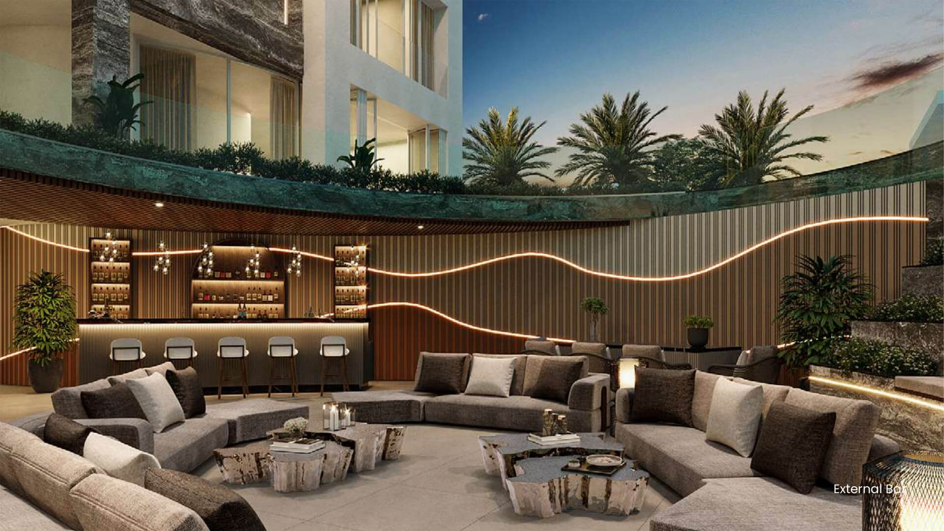 Outdoor bar and lounge area at Amara Emirates Hills Villa