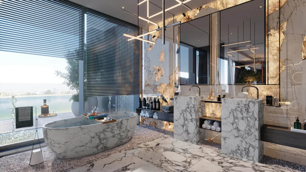 Modern luxury master bathroom with high-end finishes in SeaRenity villa