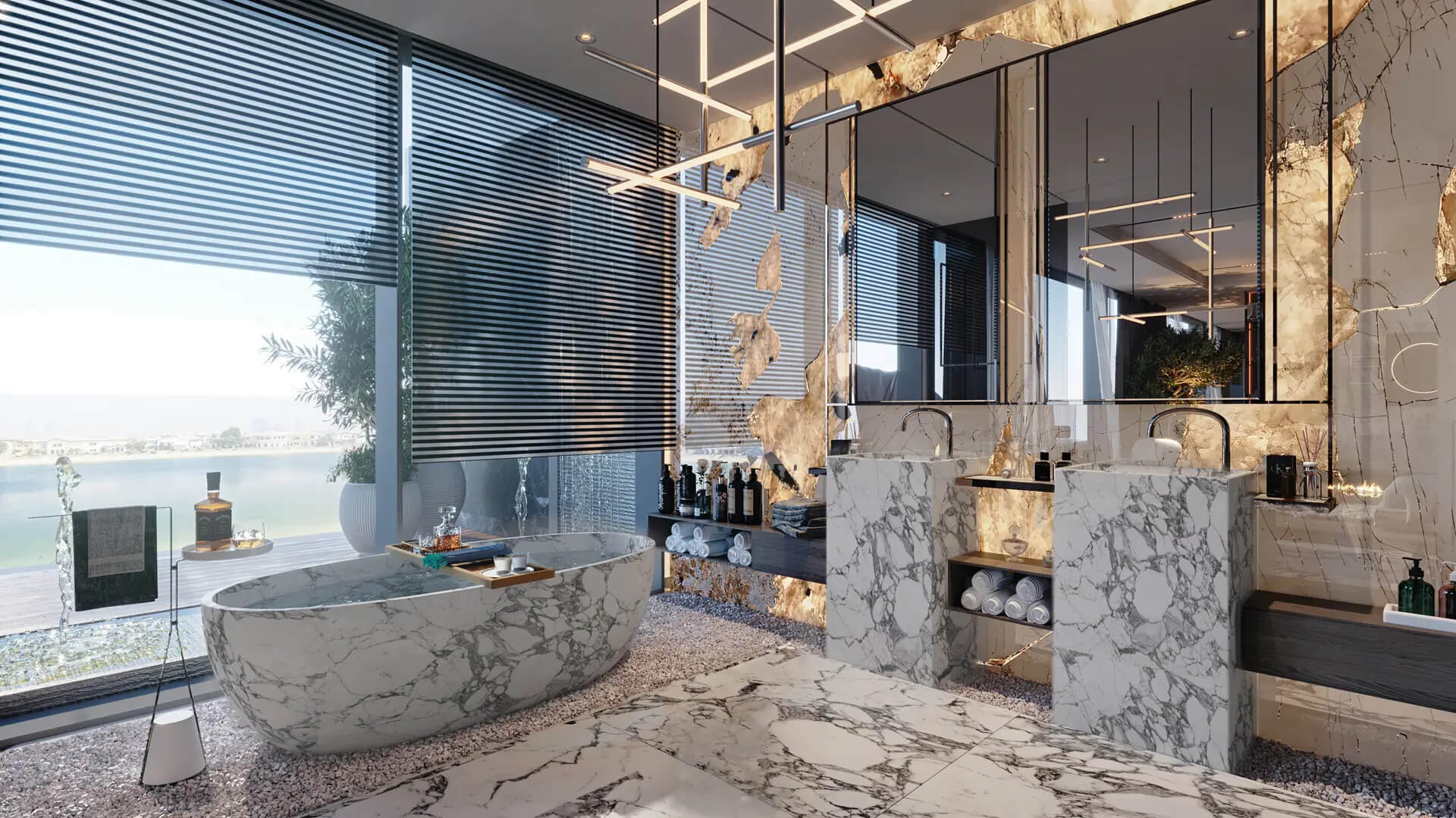 Modern luxury master bathroom with high-end finishes in SeaRenity villa