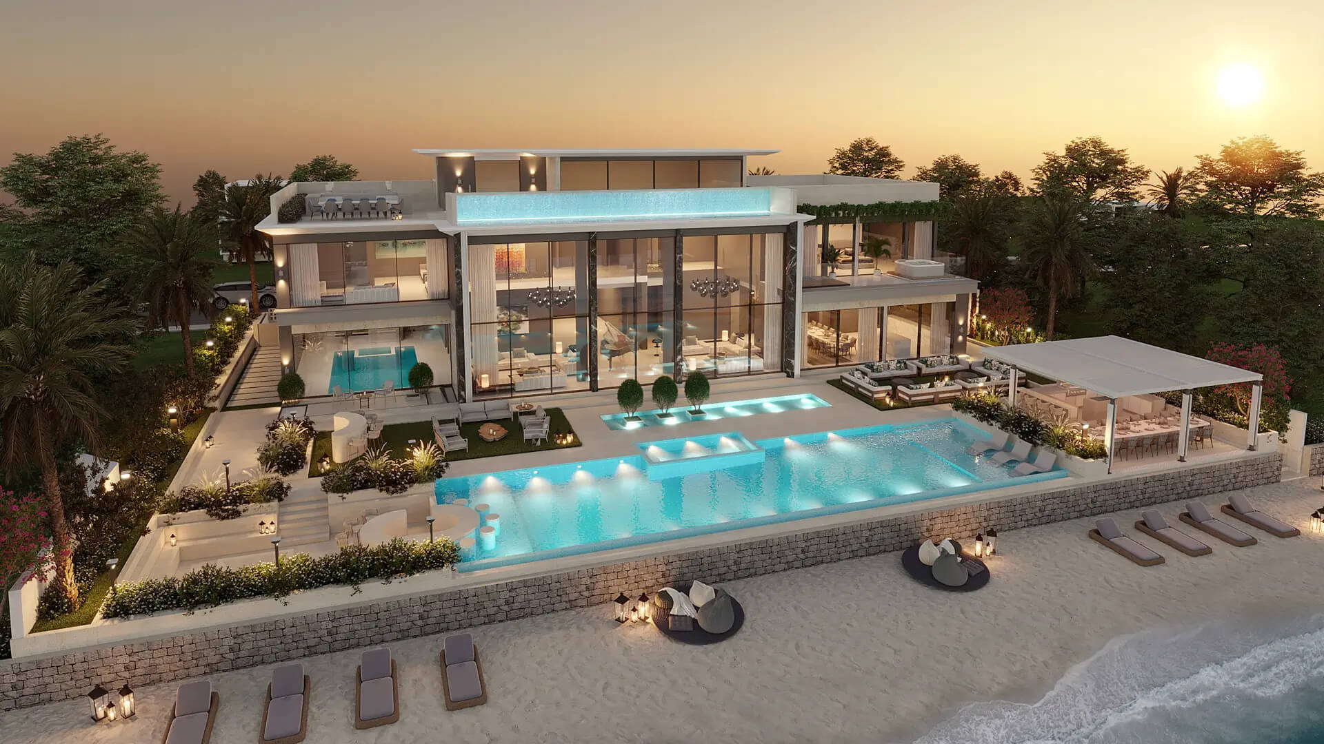 Back view of SeaRenity villa featuring infinity pool and landscaped garden