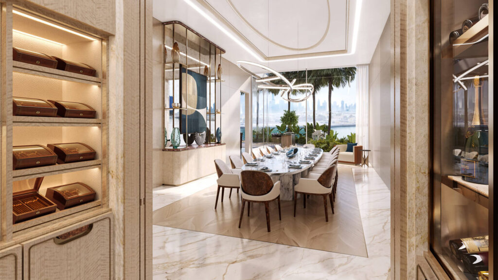 Luxurious dining room in Casa Canal Dubai with modern design and waterfront views