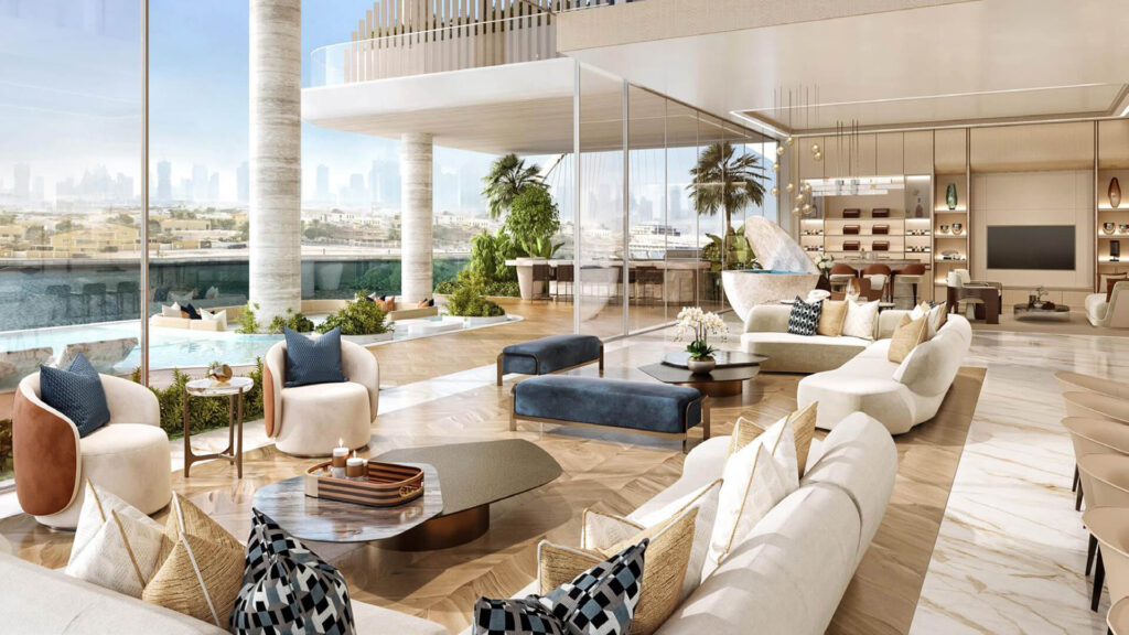 Double-height living area with floor-to-ceiling windows