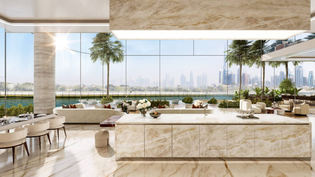 Grand living room at Casa Canal Dubai with double-height ceilings and panoramic views