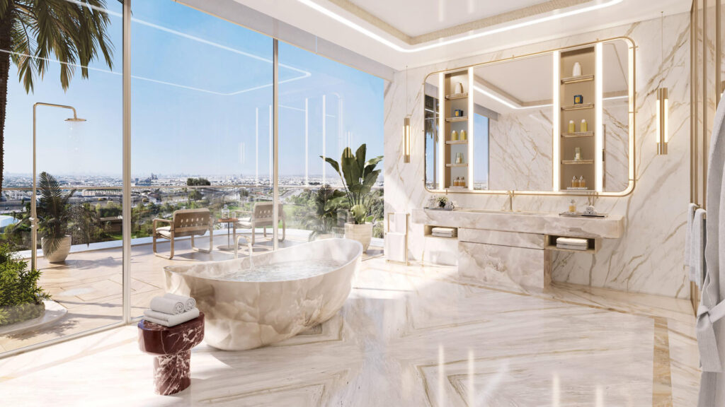 Spa-like bathroom with marble and soaking tub