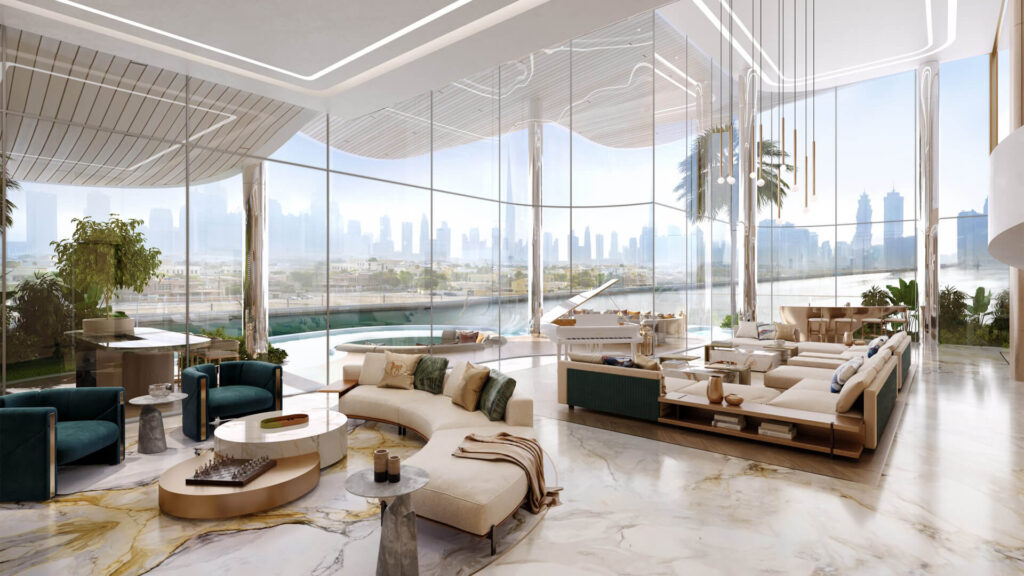 Spacious luxury living room at One Canal Dubai with skyline views, curved furniture, marble flooring, and a grand piano
