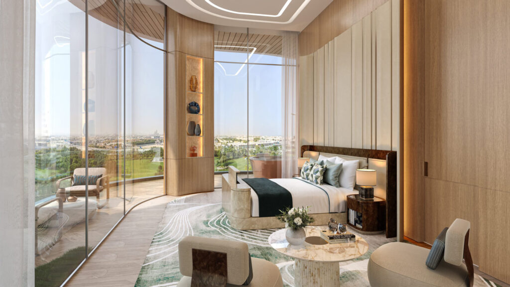 Master bedroom at One Canal Dubai with floor-to-ceiling glass, warm wood interiors, and panoramic golf and city views