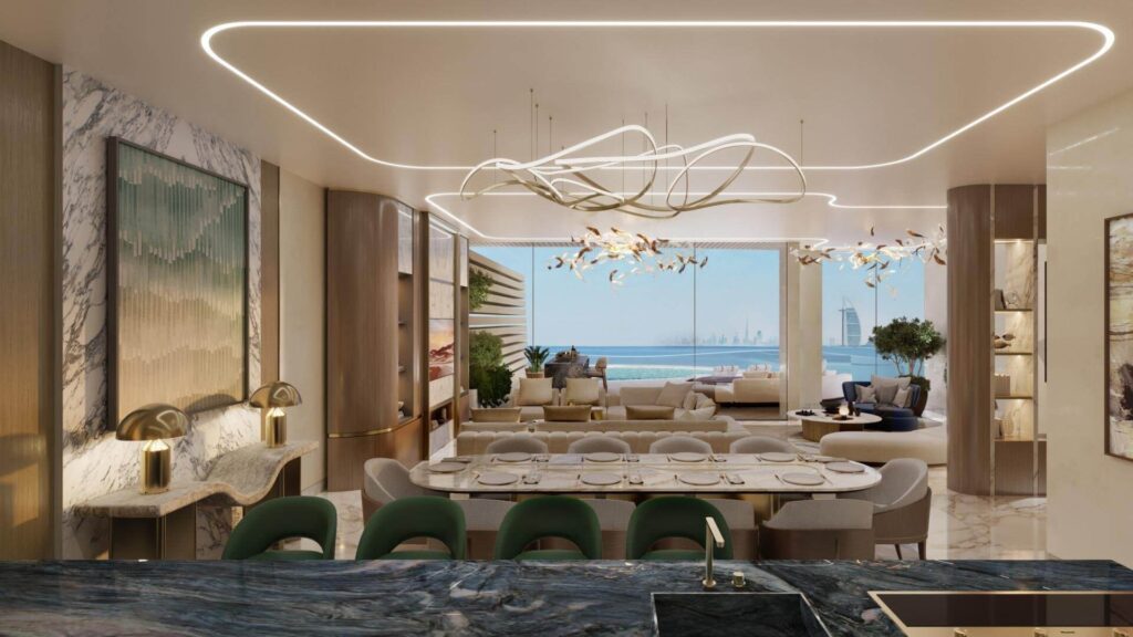 Open-plan dining and living area at One Crescent Dubai with sea views and modern luxury interiors