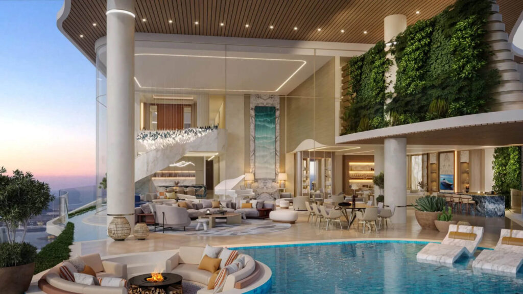 Luxury poolside lounge at One Crescent Dubai with indoor-outdoor living, vertical garden, and premium finishes